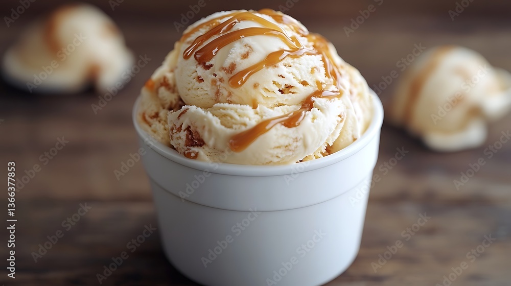 Caramel swirl ice cream in a stylish white jar, rich golden caramel drizzles on top, ultra-detailed, isolated. Caramel swirl ice cream in a stylish white jar, rich golden caramel drizzles on top, ultra-detailed, isolated.
