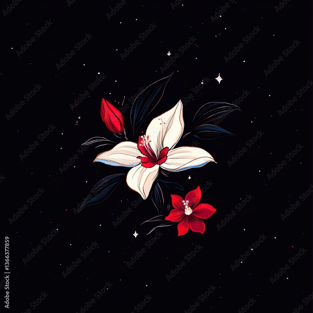 Obraz premium Celestial Bloom White and Red Flowers Against a Night Sky