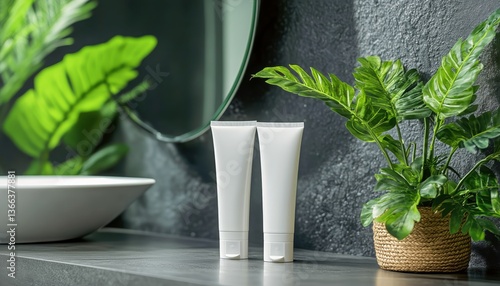 Sleek Skincare Tubes Displayed Next to a Round Mirror With Vibrant Green Foli...