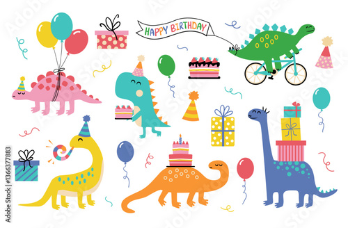 Birthday Dinosaurs collection. Party elements with cakes, gifts, confetti, and balloons.