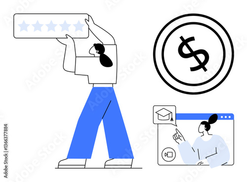 Person holding five-star rating, dollar sign symbolizing money, and online learning portal scene. Ideal for client feedback, e-commerce, financial success, education, digital training, online tools