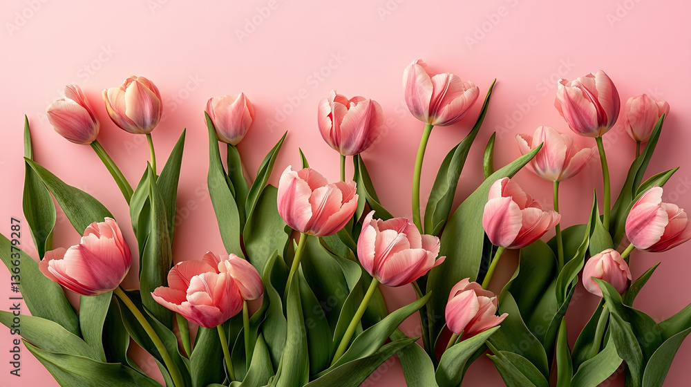 Fototapeta premium Beautiful composition spring flowers. Bouquet of pink tulips flowers on pastel pink background. Valentine's Day, Easter, Birthday, Happy Women's Day, Mother's Day. Flat lay, top view, copy space. High