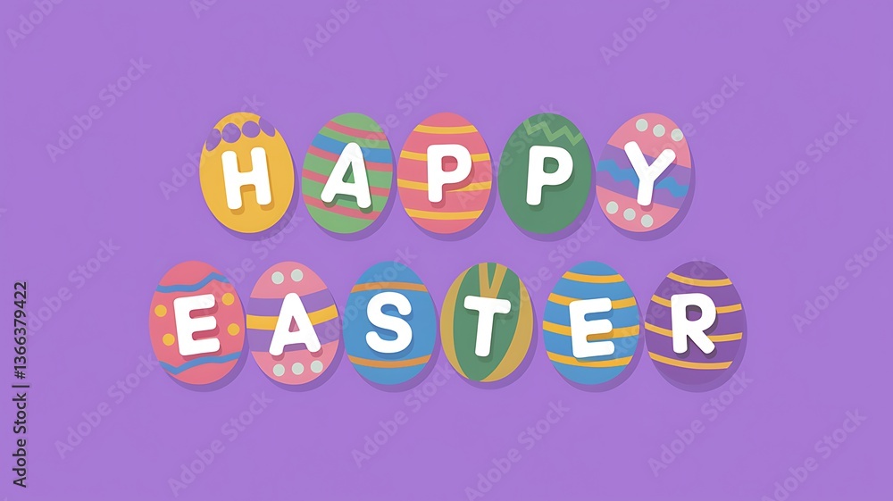Fototapeta premium A collection of multicolored eggs spelling out the words 'Happy Easter' in vibrant colors with solid purple background and white letters, creating a festive and eye-catching Easter design festive vibe