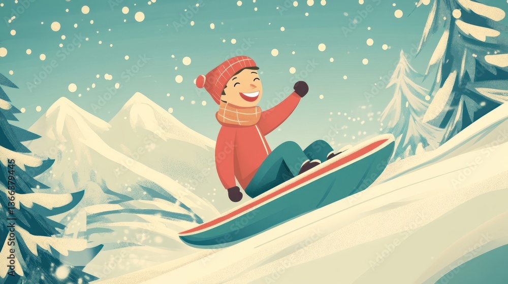 Joyful Winter Adventure A Person Sledding Down a Snowy Hill with Mountains and Pine Trees in t Joyful Winter Adventure A Person Sledding Down a Snowy Hill with Mountains and Pine Trees in t