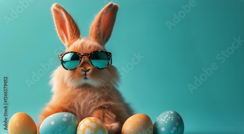 Cute Rabbit Wearing Sunglasses Poses With Colorful Easter Eggs on a Blue Back...