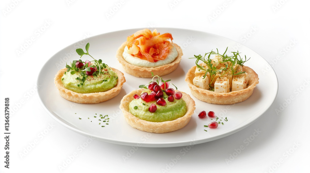 Assorted mini tarts with avocado, pomegranate, salmon, and tofu toppings on white plate. Assorted mini tarts with avocado, pomegranate, salmon, and tofu toppings on white plate.