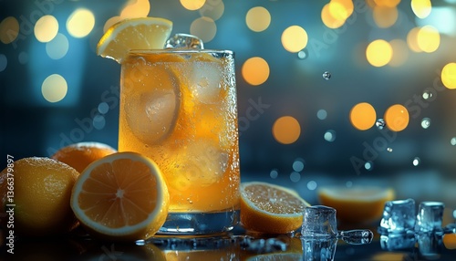 Refreshing Citrus Drink Garnished With Lemon Slices and Ice Cubes on a Vibran...