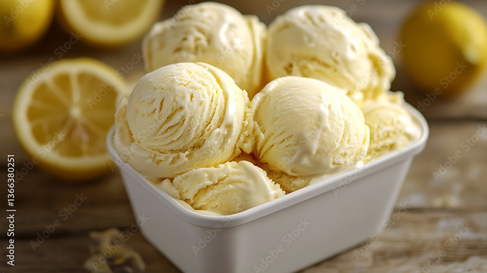 Lemon ice cream in a stylish white container, light yellow creamy swirls, citrus freshness, ultra-HD, isolated. Lemon ice cream in a stylish white container, light yellow creamy swirls, citrus freshness, ultra-HD, isolated.