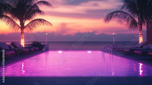 Poolside Paradise at Dusk: The infinity pool mirrors the sunset hues of the tropical sky, offering a tranquil view of the ocean framed by palm trees, creating a serene ambiance. 