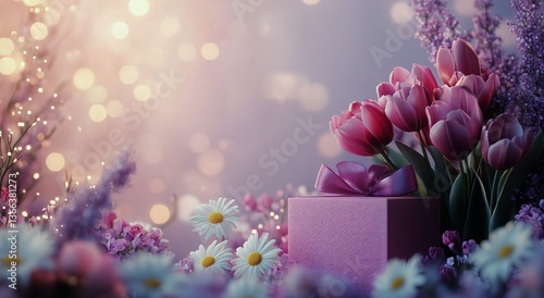 Colorful Bouquet and Gift Box Create a Festive Atmosphere in a Garden Setting