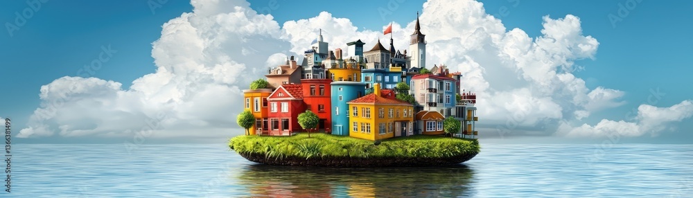 Colorful town floats on ocean; dreamy sky. Travel, fantasy Colorful town floats on ocean; dreamy sky. Travel, fantasy