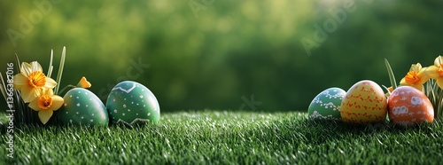 Colorful Decorated Eggs Resting on Grass Surrounded by Blooming Flowers Durin...