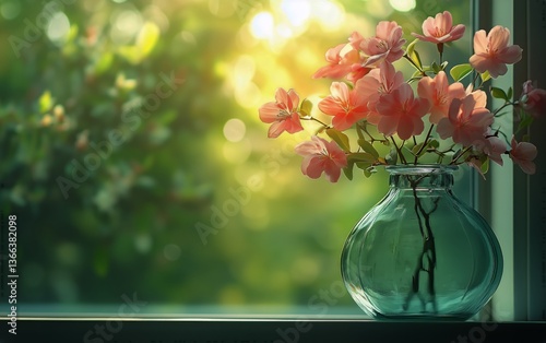 Soft Pink Flowers in a Vase on a Windowsill With Natural Background and Gentl...