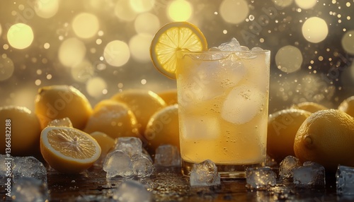 Refreshing Citrus Drink Garnished With Lemon Slices and Ice Cubes on a Vibran...