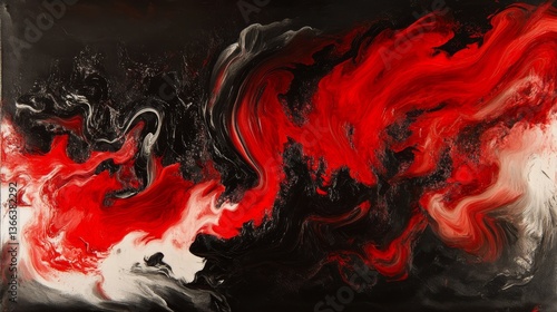 Bold abstract acrylic painting with striking red, black, and white swirls. Dynamic, fluid design evokes energy and passion, perfect for modern decor or art projects.. AI Generation