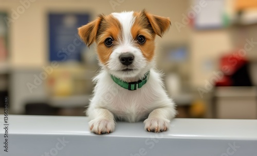 Cute Puppy With Brown and White Fur Resting on a Counter in a Cozy Setting