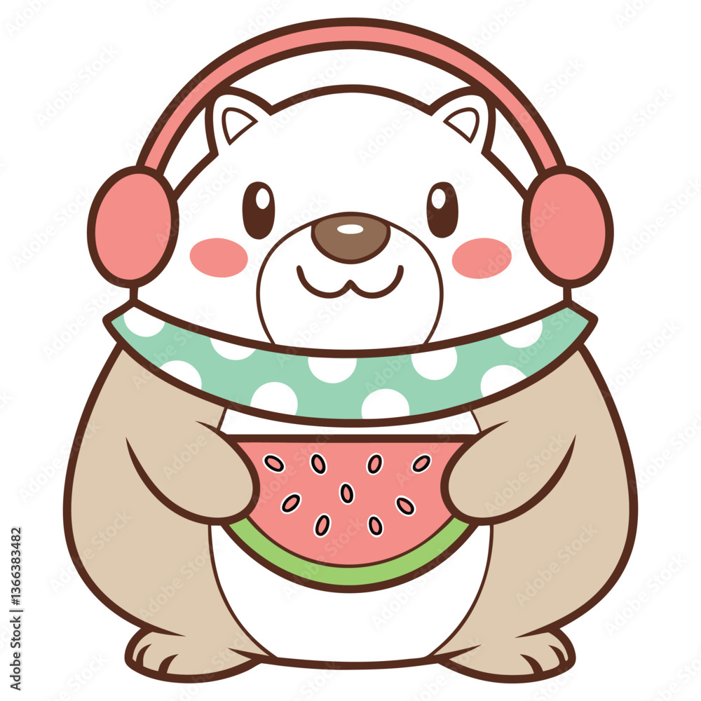 Obraz premium Cute Bear Wearing Headphones and Scarf Holding Watermelon Slice