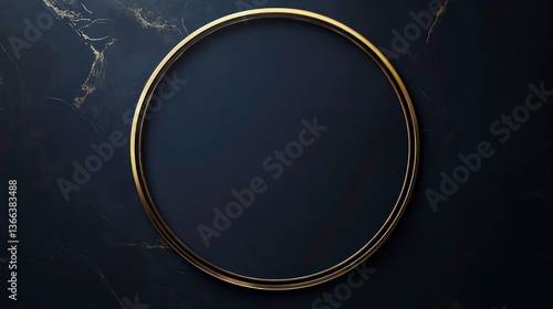 Fototapeta Naklejka Na Ścianę i Meble -  Luxury golden circular frame on dark navy background. Elegant design for invitation card poster. Minimalist, modern template for wall decor. Empty space for text image. Bright gold frame with deep