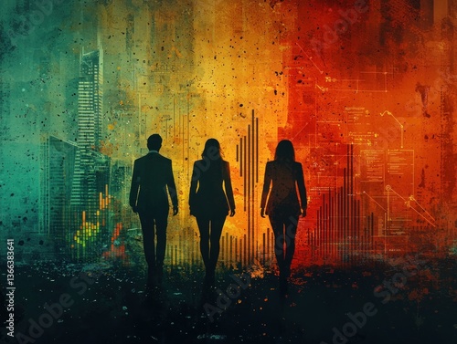 Silhouettes of business people walk towards a vibrant city