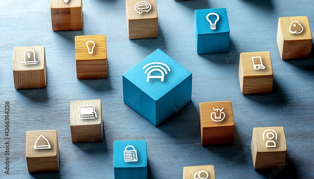 Fototapeta premium Teamwork of idea creation. Top view of many wood cubes with icons.