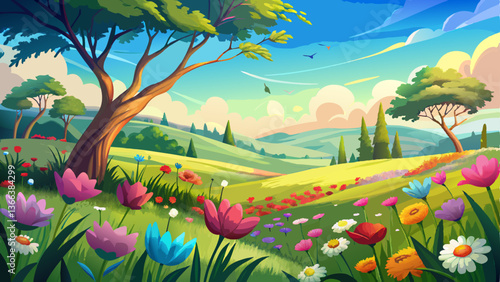 vector of picturesque summer field with vibrant blossoms swaying gently in the warm breeze