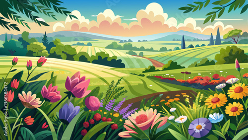 A lush summer field with blooming floral plants, creating a stunning rural landscape