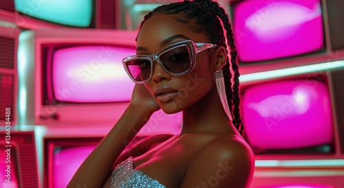 Fashion Model Poses Confidently in Stylish Outfit With Retro Television Backdrop