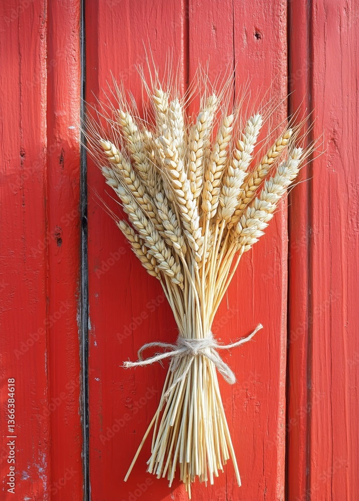 Fototapeta premium Wheat Sheaf Tied With Twine Against a Rustic Red Wooden Background