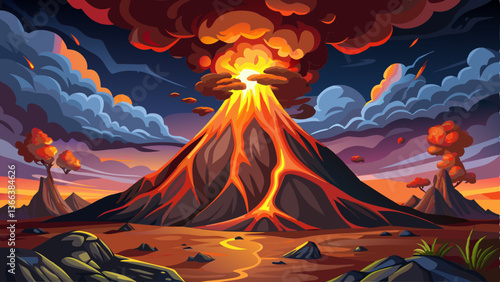 A fiery volcanic eruption with glowing lava, thick smoke, and ash filling the air