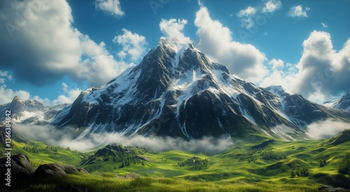 Majestic Snow-Capped Mountain Surrounded by Lush Green Valleys and Blue Sky W...