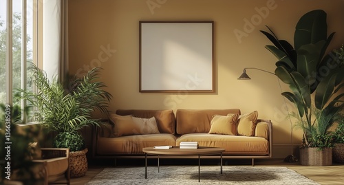Cozy Living Room With Warm Tones and Greenery Creating a Relaxed Atmosphere