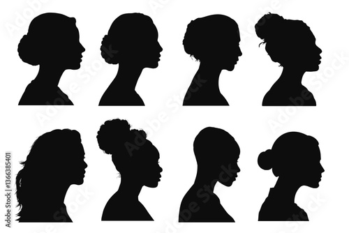 Set of young woman profile silhouette, beautiful girl - vector illustration