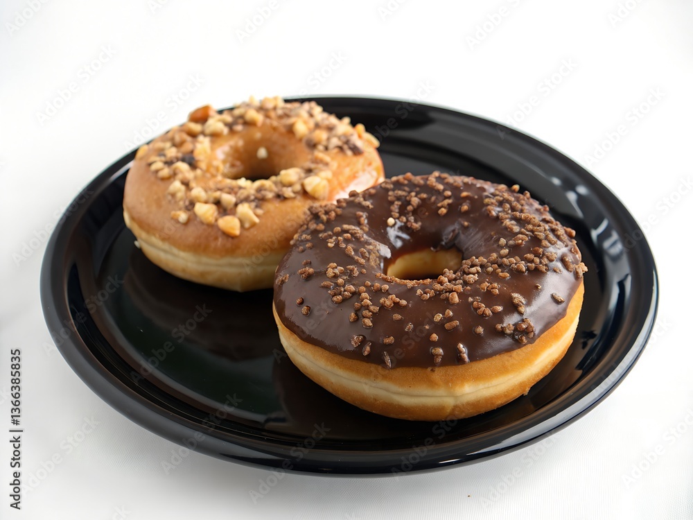 Donuts with chocolate, two glazed donuts on a black plate Donuts with chocolate, two glazed donuts on a black plate