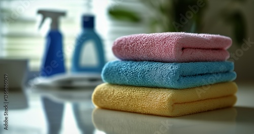 Soft Towels Stacked in a Bright Bathroom, Ready for Use After a Refreshing Sh...
