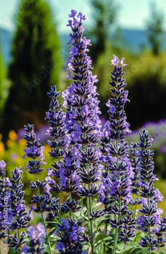 Colorful Lavender Blooms in a Sunny Garden Under Clear Blue Skies