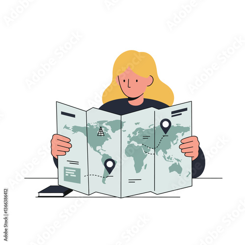 A woman with blonde hair studying a detailed map while seated at a table in a flat vector illustration