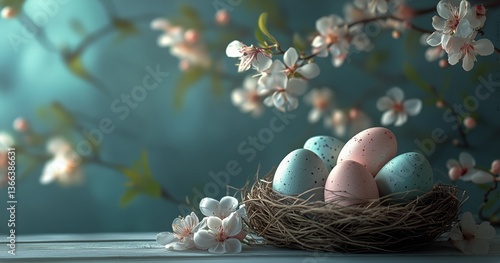 Decorative Nest With Speckled Eggs and Dried Flowers on a Textured Background...