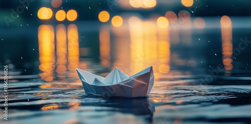 Small Paper Boat Floating on a Calm Water Surface During Twilight in an Urban...