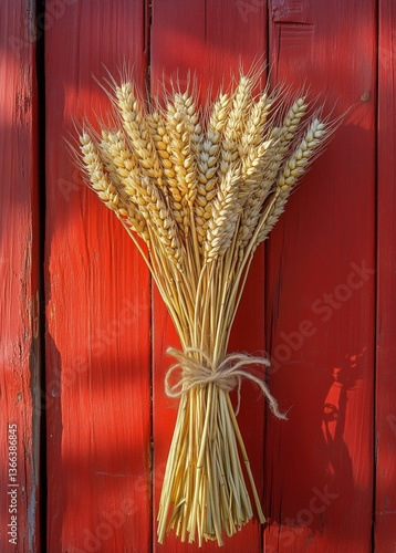 Wheat Sheaf Tied With Twine Against a Rustic Red Wooden Background