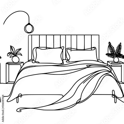 Minimalist line drawing of a cozy bedroom with plants, single line vector drawing
