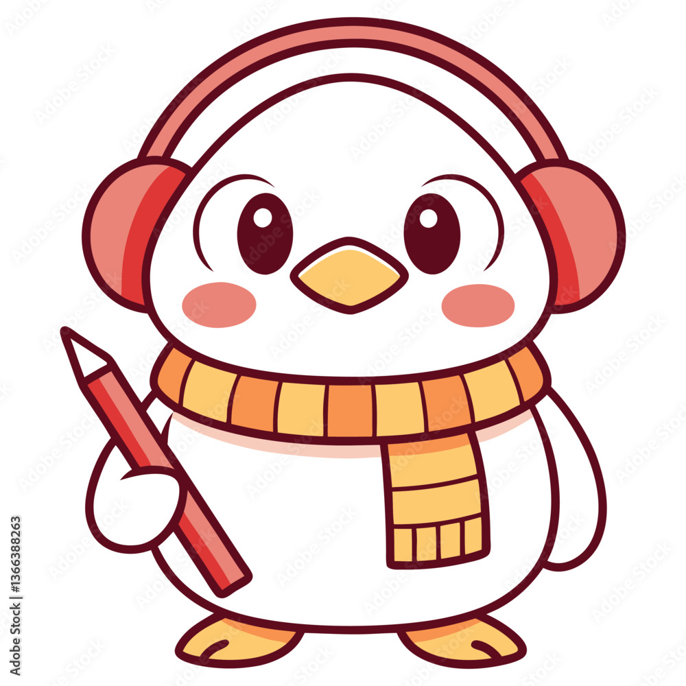 Fototapeta premium Cartoon Penguin with Earmuffs & Scarf Holding Pencil on Transparent Background