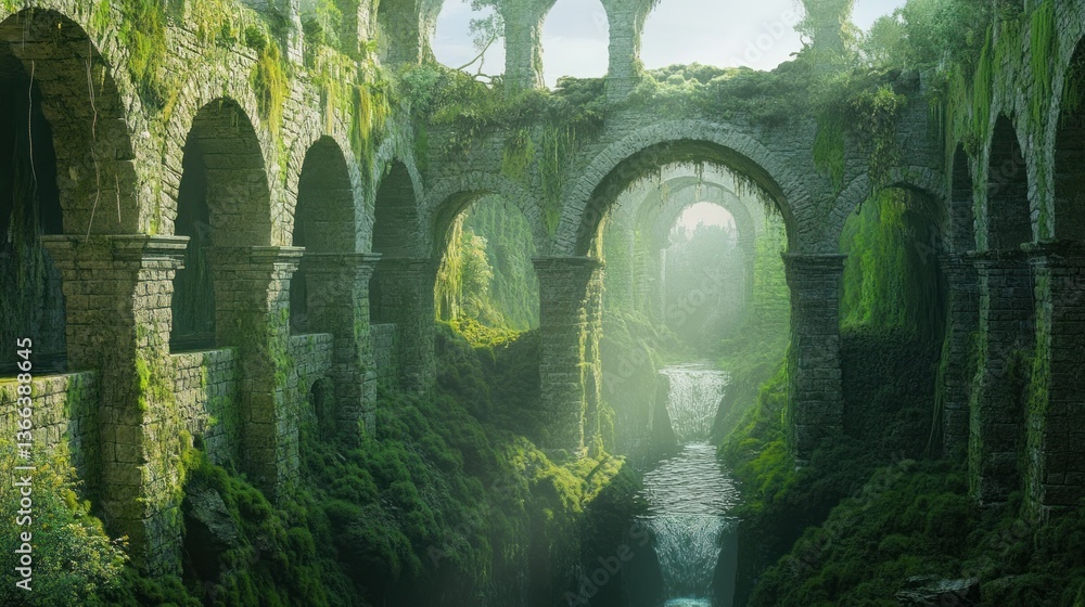 Enchanted Forest Archways with Lush Greenery and Serene Waterfall Ideal for Fantasy Nature a