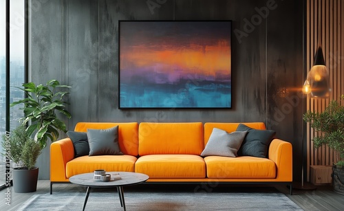 Cozy Modern Living Room Featuring an Orange Sofa and Colorful Wall Art in a S...