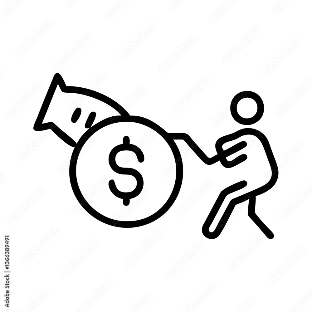 Person struggling with debt, pushing a money bag Person struggling with debt, pushing a money bag
