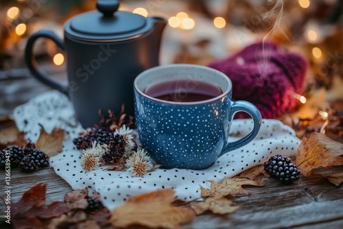 Wallpaper Mural A warm autumn tea sits on a wooden table surrounded by fallen autumn leaves Torontodigital.ca