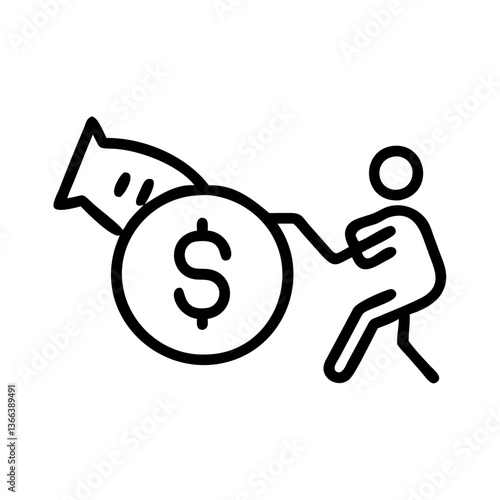 Person struggling with debt, pushing a money bag  