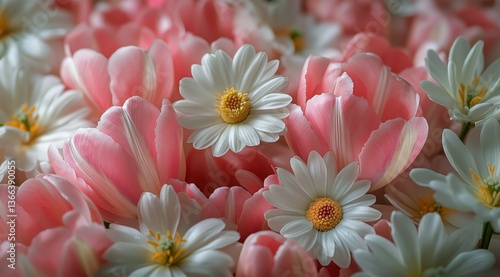 Colorful Flower Arrangement Featuring Pink Tulips and White Daisies in Soft N...