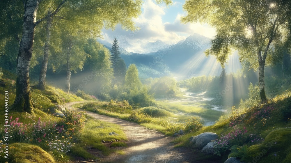 Fototapeta premium Serene mountain path through lush forest at sunrise. Sunlight streams through trees illuminating wildflowers and a gentle river