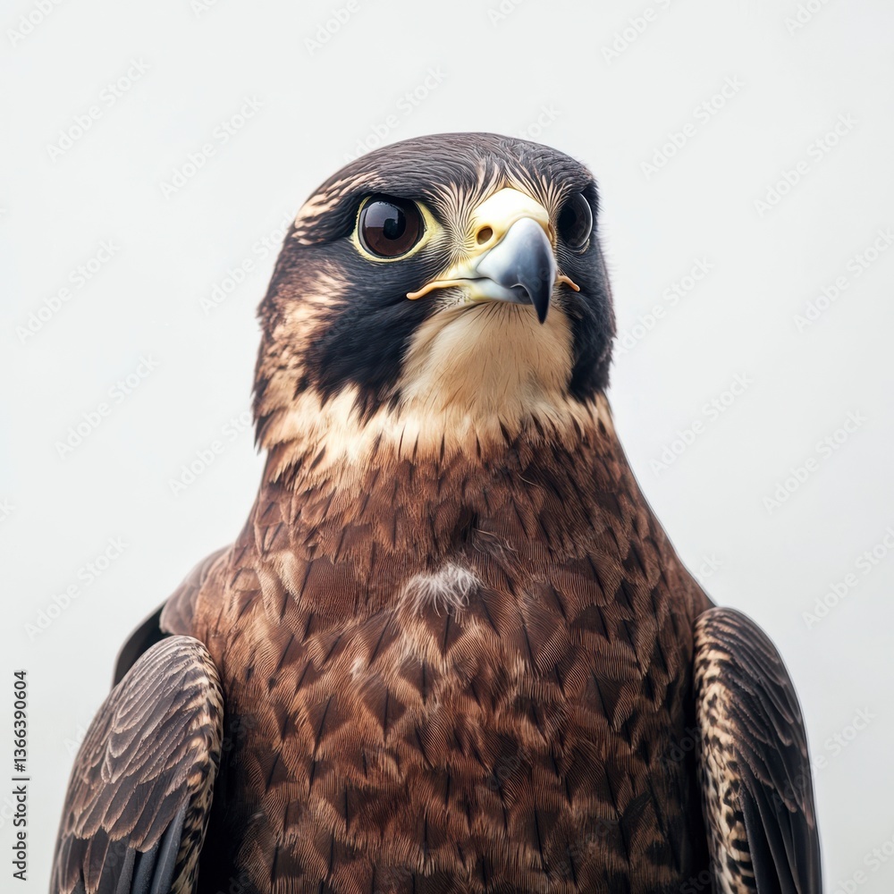 Obraz premium Closeup Portrait of a Brown Falcon Against a White Background