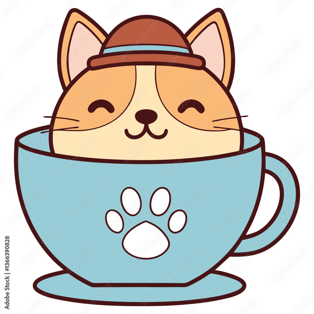 Fototapeta premium Cute Cartoon Cat with Hat Inside a Paw Print Mug, Joyful Expression
